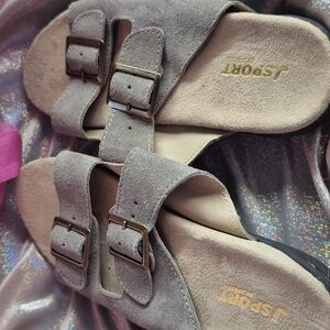 JSport by Jambu Carina Taupe Suede Leather Double Strap Slide Sandals Woman’s 7